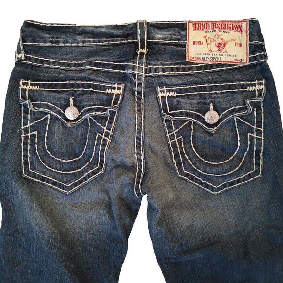 True Religion Billy Super T Jeans 34 x 28.5 Inseam Big White Stitch Blue NICE - Picture 1 of 13